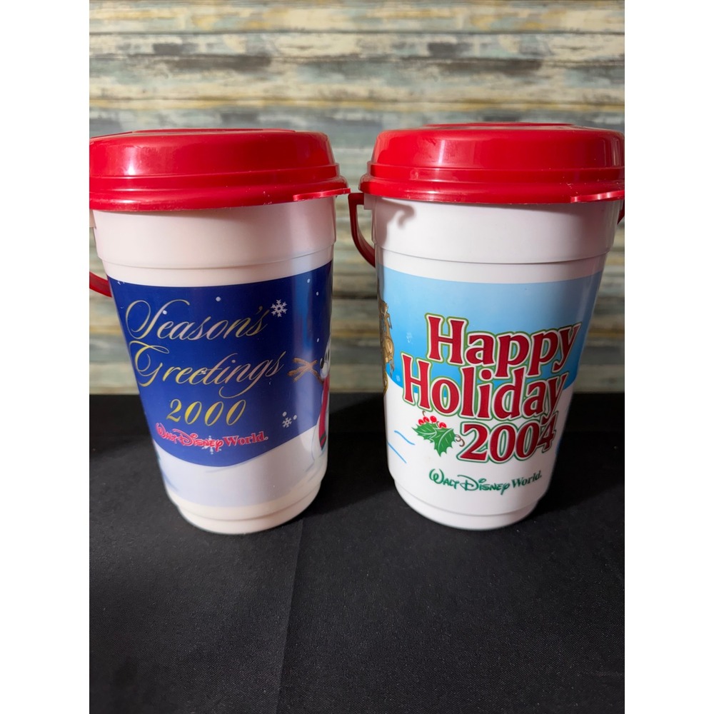 Walt Disney World Popcorn Bucket Set 2000 2004 White Red Excellent Holiday‎ 2pc